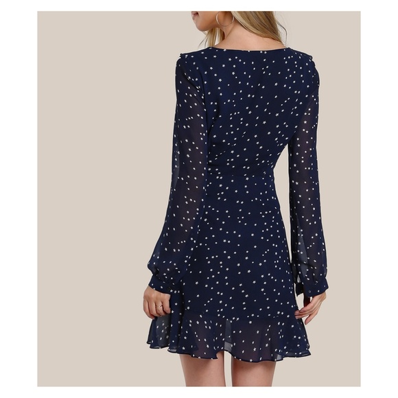 ❗️Blue White Stars Long Sleeve Frilled Wrap Dress - Picture 3 of 8
